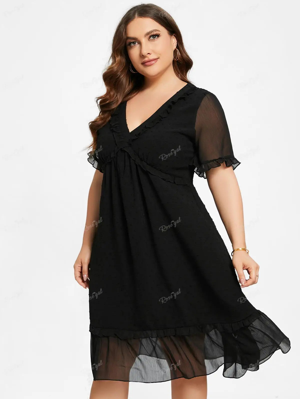 Ros gal Plus Size Freizeit kleider schwarz elegant V-Ausschnitt Spitzen besatz transparente Rüschen Kleid für Frauen Frühling, Sommer Streetwear Vestidos