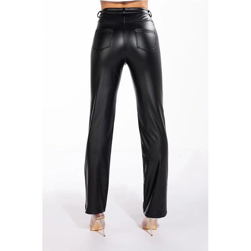 Women's Faux Leather Pants, Slacks, High Waist, Vintage, PU Flare, Stretch Trousers, Streetwear Leggings, Custom, 2023