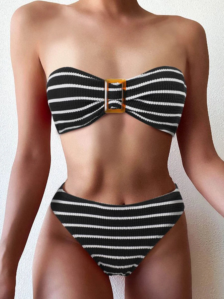 Striped Textured Swimsuit Women Bandeau Bikini Set 2024 Sexy Push Up Swimwear Female Bathing Suit Swimming Summer Beachwear