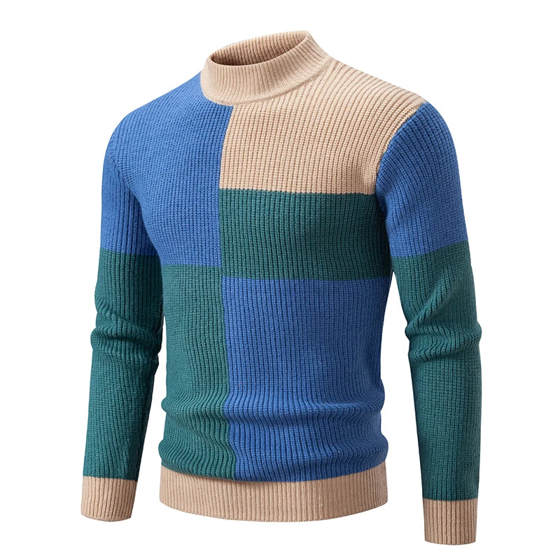 Herren Mock Neck Pullover jugendliche Vitalität Mode Patchwork Strick pullover Männer schlanke lässige Pullover Herbst Winter Strickwaren Mann