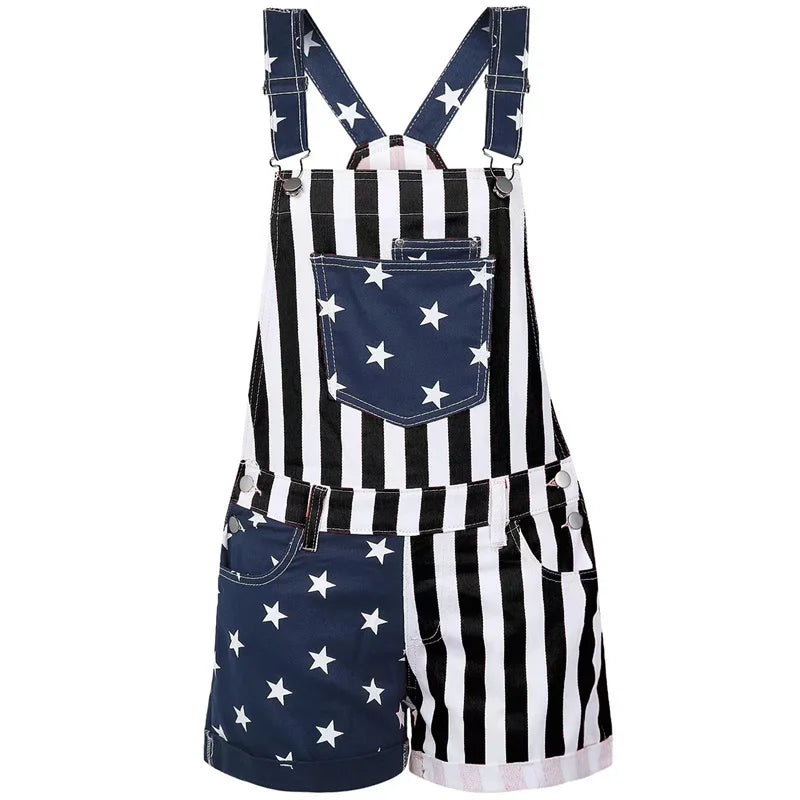 Neue Unabhängigkeit Tag Flagge Motive Strap Hosen Frauen Große Tasche Overall Shorts Weibliche Strampler einteiliges Hosen Urlaub Kleidung