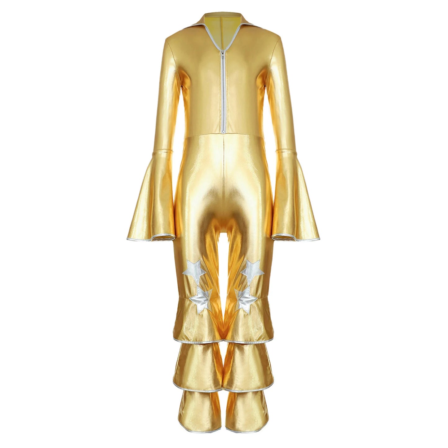 Kids Girls 70s 80s Disco Costume Metallic Flare Sleeve Ruffle Bell Bottom Jumpsuit Halloween Cosplay Funky Dancing Bodysuit