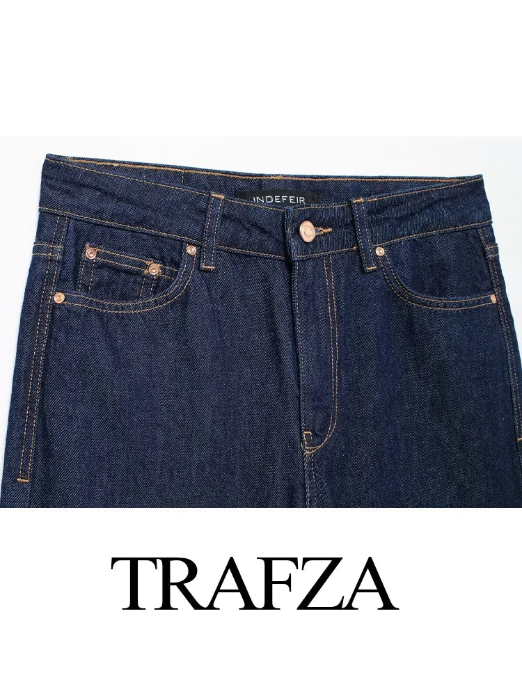 TRAFZA Frauen Mode Taschen Hochhaus Lose Jeans Weiblichen Sommer Elegante High Street Verziert Beiläufige Gerade Breite Bein Hosen