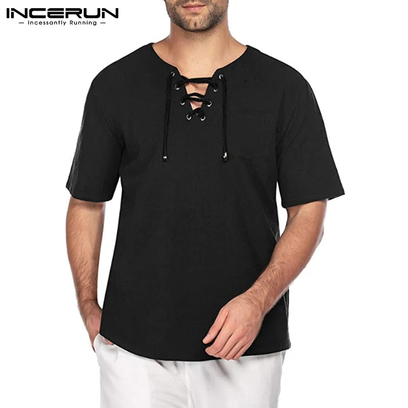 Men Shirt Cotton V Neck Short Sleeve Solid Color Lace Up Streetwear Casual Men Clothing 2024 Vintage Leisure Camisas 5XL INCERUN