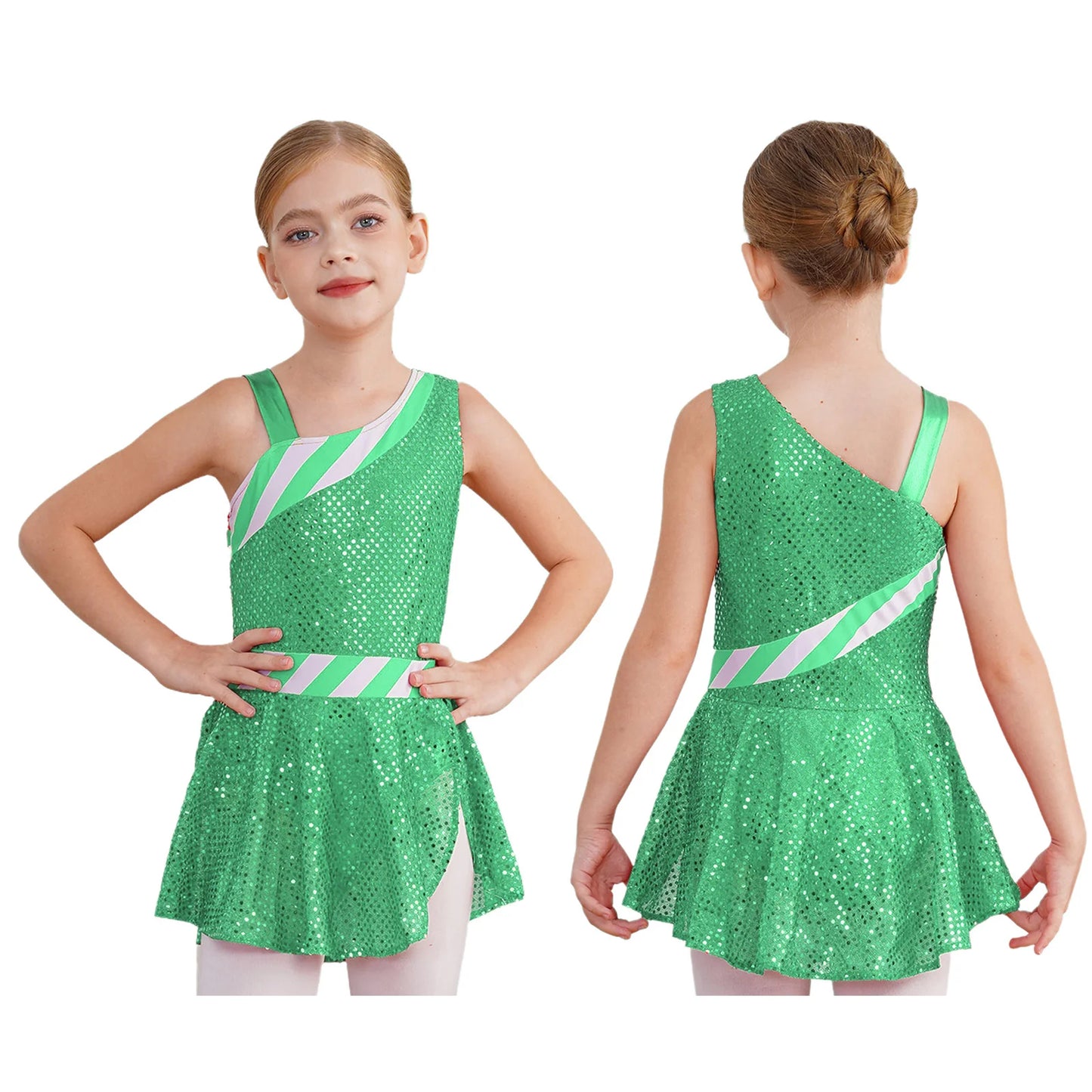 Kids Girls Shiny Sequins Christmas Dance Dresses Xmas Santa Claus Candy Cane Costume Figure Ice Skating Performance Dress