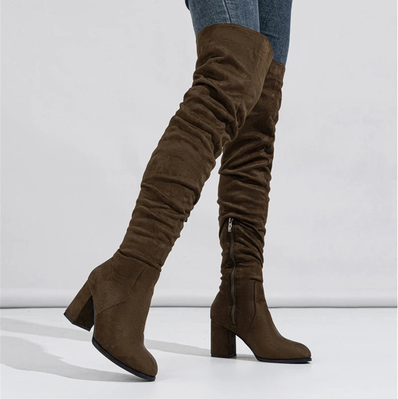 Liyke 2024 Herbst Winter schwarz braun über dem Knie Stiefel Frauen sexy spitzen Zehen Reiß verschluss Oberschenkel hohe Schuhe quadratische Absätze Stiefeletten femme