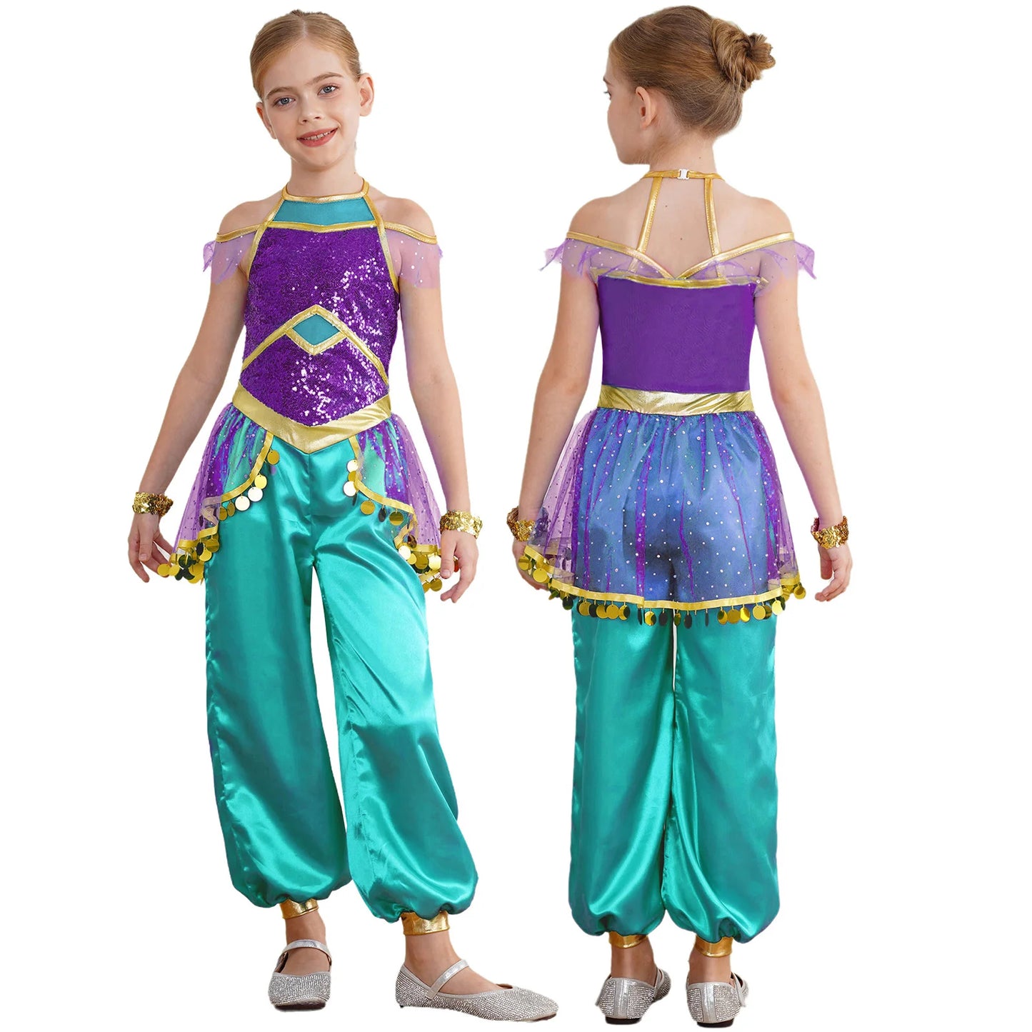 KIds Girls Arabian Princess Costume Indian Bollywood Belly Dance Jumpsuit Halloween Party Fairy Tale Pretend Play Fancy Dress