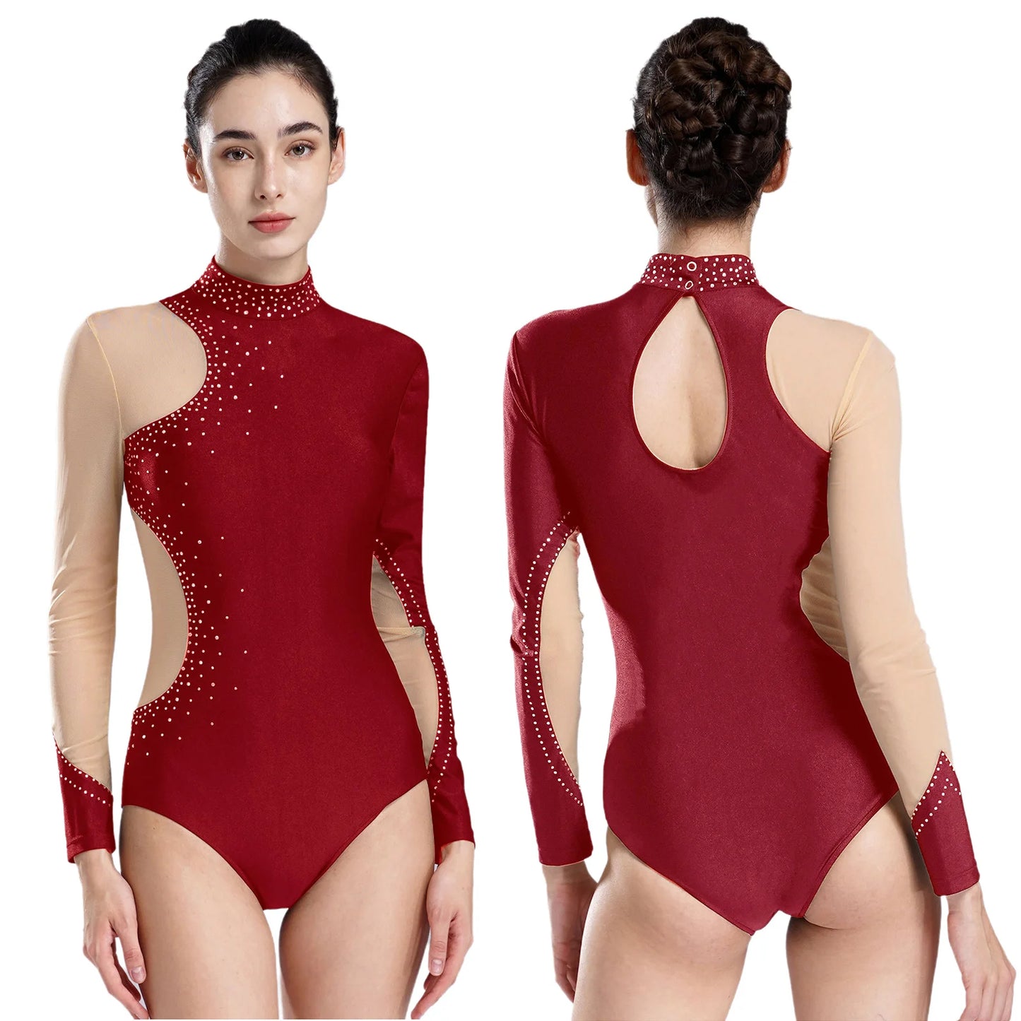 Damen Figur Eislauf Trikot glänzenden Strass Langarm Ballett Tanz Gymnastik Bodysuit Wettbewerb Praxis Overall