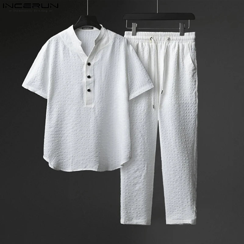 INCERUN Men Sets Solid Color V Neck Short Sleeve Shirt & Pants Two Pieces Sets Streetwear 2023 Loose Men's Casual Suits S-5XL