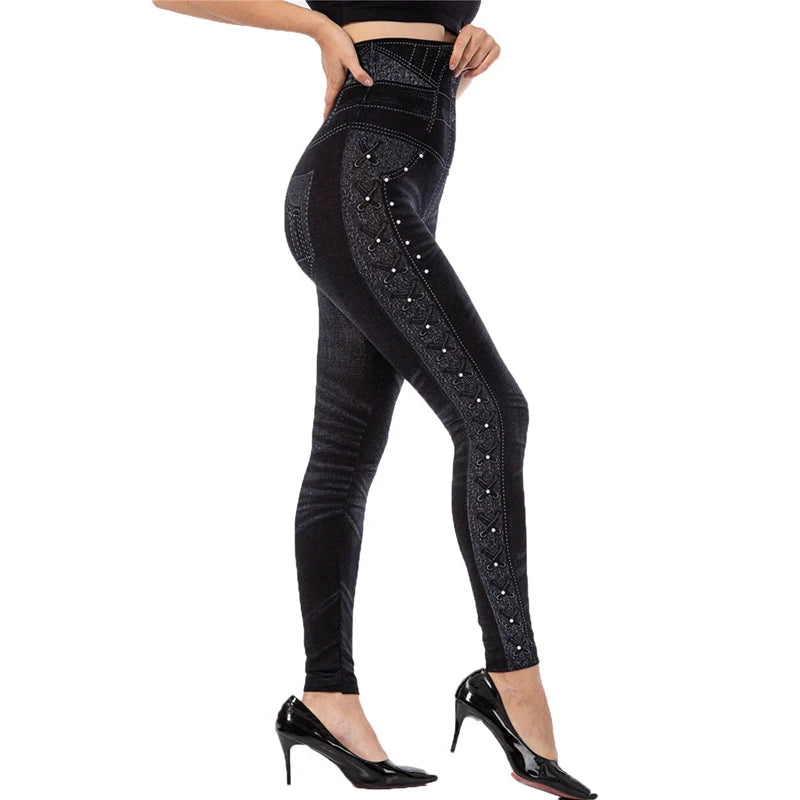 CUHAKCI High Waist Black Beading Fake Jeans Stretch Slim Fit Leggings Seamless Yoga Jeggings Sexy Women Overwear Trouses