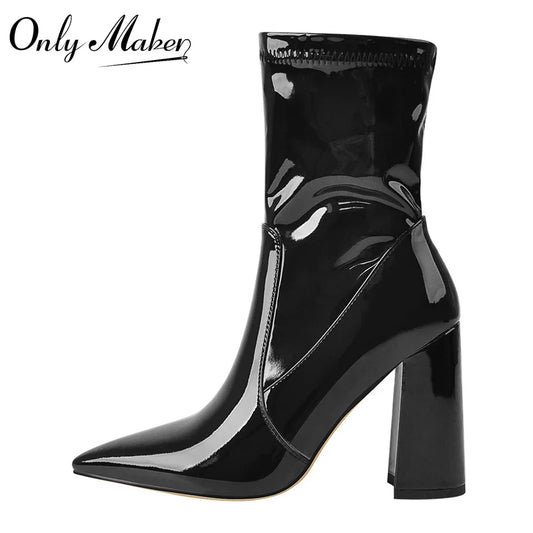 Only maker spitzen Zehen schwarz minimalist ische Stretch Chunky Block High Heels plus Größe Größe Reiß verschluss dicke Stiefeletten