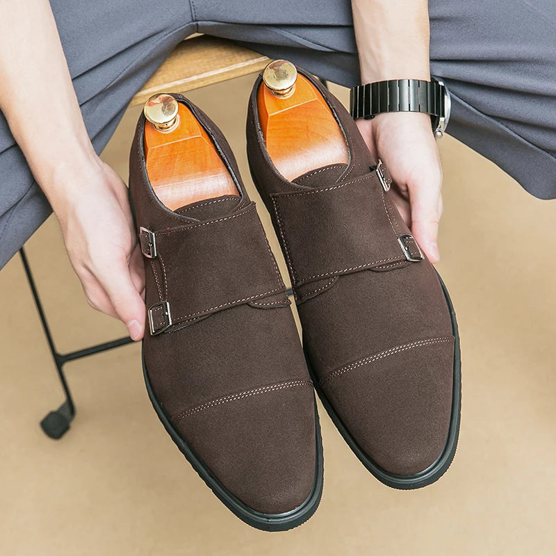 New Brown Loafers Flock Double Buckle Monk Shoes Black Square Toe Slip-On Business Men Dress Shoes Size 38-46 Free Shipping