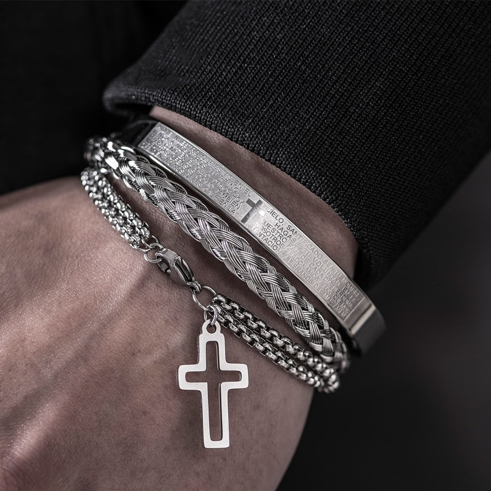 Luxury 3pcs Set Stainless Steel Bracelet  Micro Pave CZ Cross Hip Hop Men Jewelry Charm Open Brangle Carving Spanish Scripture
