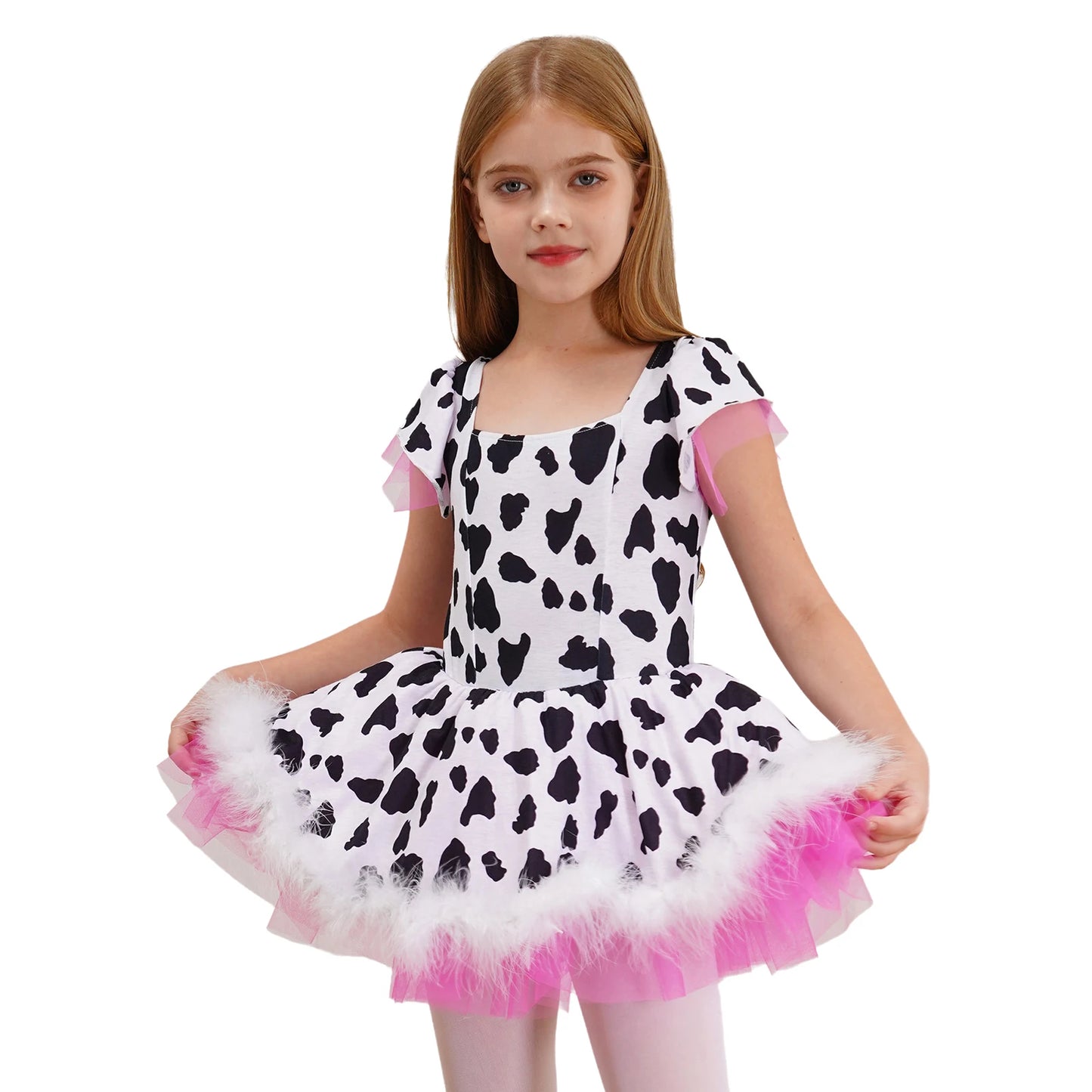 Kinder Cowgirl Kostüm Mädchen Kuh druckt Kurzarm Plüsch Tutu Kleid Trikot für Halloween Western Rodeo Dress Up Party Karneval