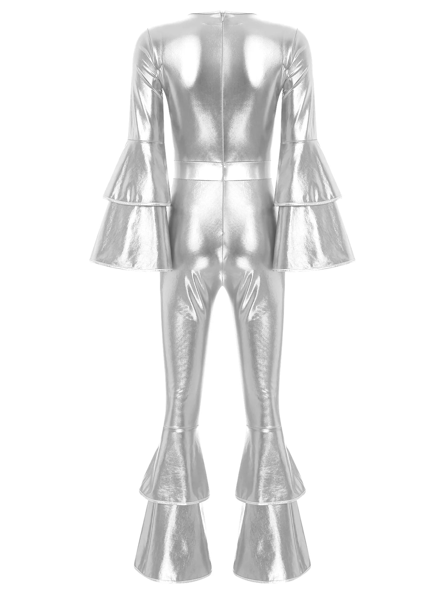 Damen Disco Kostüme sexy glänzend metallisch Retro Tanz Overall 70er 80er Jahre Hippie-Thema Party Halloween Cosplay Kostüm