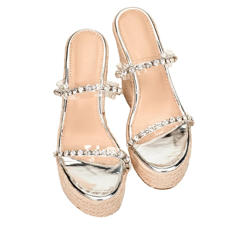 Neue Kristall Transparent Offene spitze Plattform Heels Hausschuhe Frauen Keile Sandalen Mode Stroh Seil Weben Dicken Boden Weibliche Schuhe