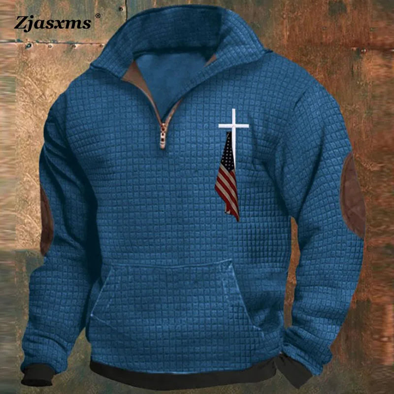 Herren Reiß verschluss Revers Kragen Waffel Print Hoodie Männer lässig Sweatshirt Kapuze neue Herbst Winter Mann Langarm Tasche Pullover Top