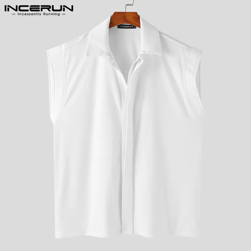 INCERUN Men Shirt Solid Color Lapel Sleeveless Korean Style Casual Men Clothing Streetwear Summer 2024 Fashion Male Shirts S-5XL