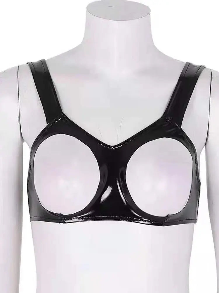 S-3XL Wet Look PVC Crop Tops Shiny PU Leathe Hollow Out Bust Tank Bustier Top Camis Tights Cosplay Sexy Cropped Croptop Lingerie