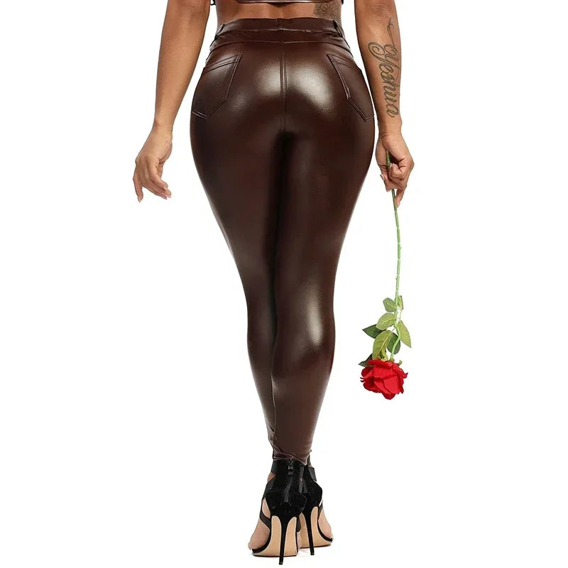 Frauen schwarze Kunstleder Leggings hohe Taille Stretch Shaping Hüfte Push-up-Hose mit Tasche Damen elastische Bodycon Yoga-Hose