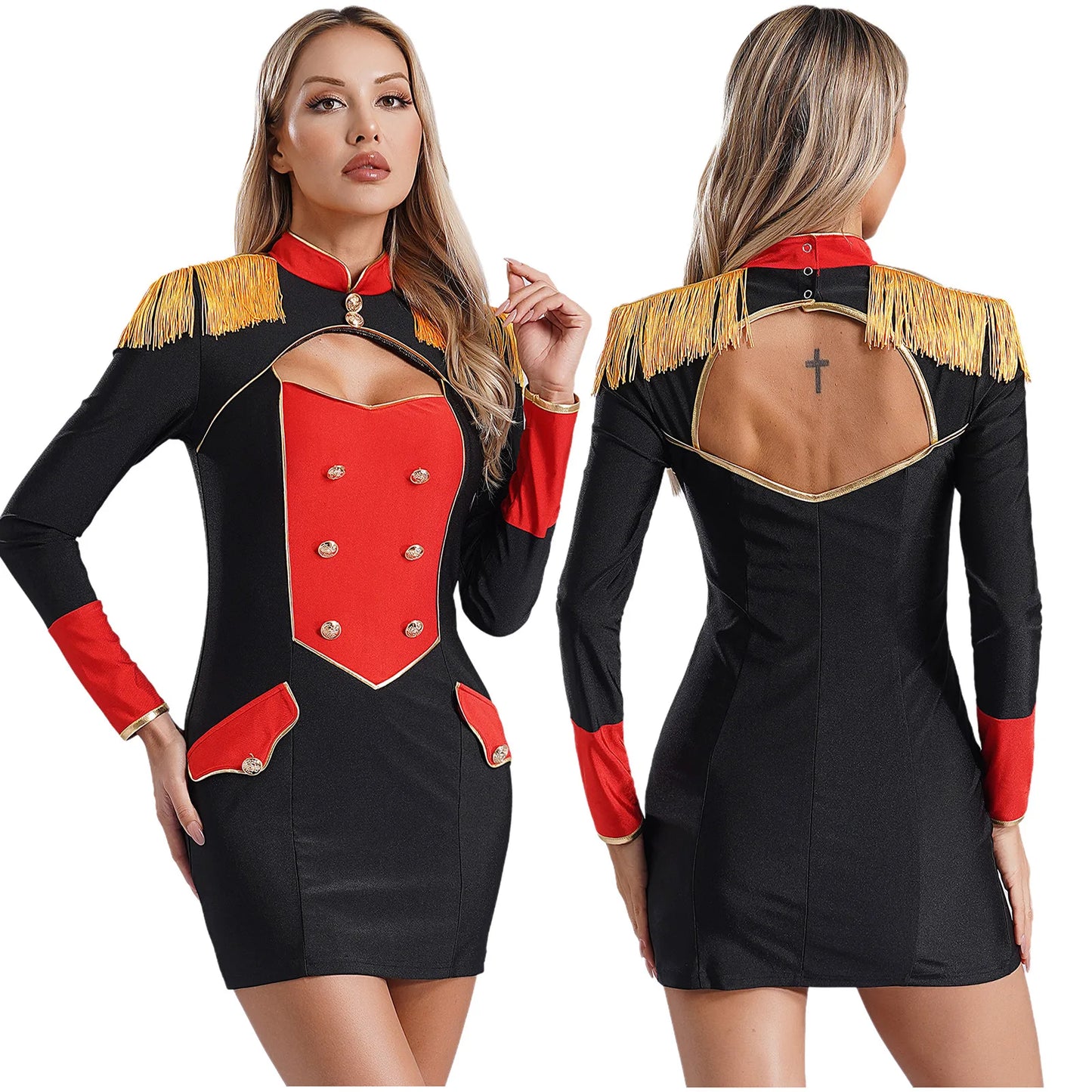 Damen roten Ring master Langarm Quaste Ausschnitt Mini kleid Bodycon Zirkus Showman Löwe Tamer Rin leader Halloween Kostüme