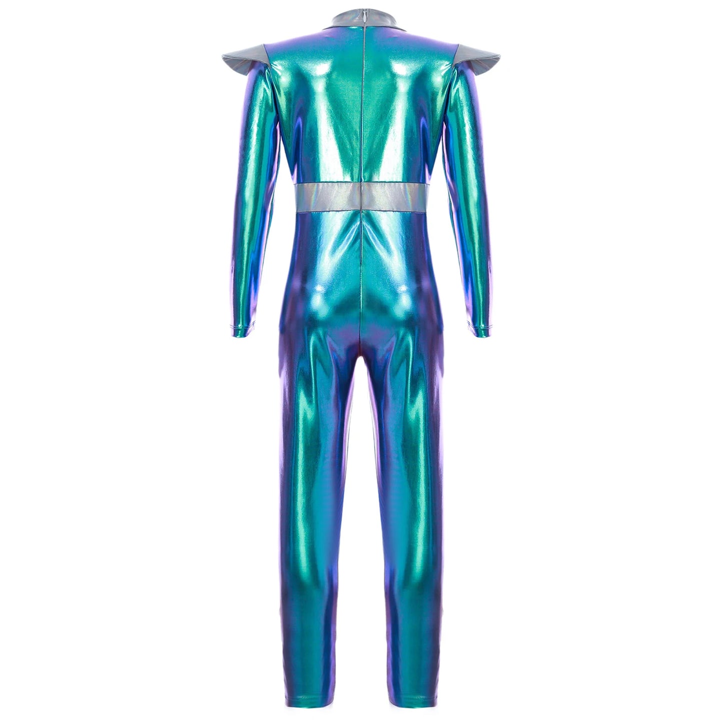 Kinder Mädchen Alien Kostüm Weltraum Kadett Holographische Metallic Ganzkörper Bodysuit Overall Halloween Party Cosplay Dress Up