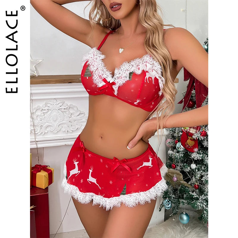 Ellolace Christmas Lingerie Female Lace Sex Suit Fantasy Push-Up Bra Set Mint Skirt Soft Underwear Red Intimate Sets
