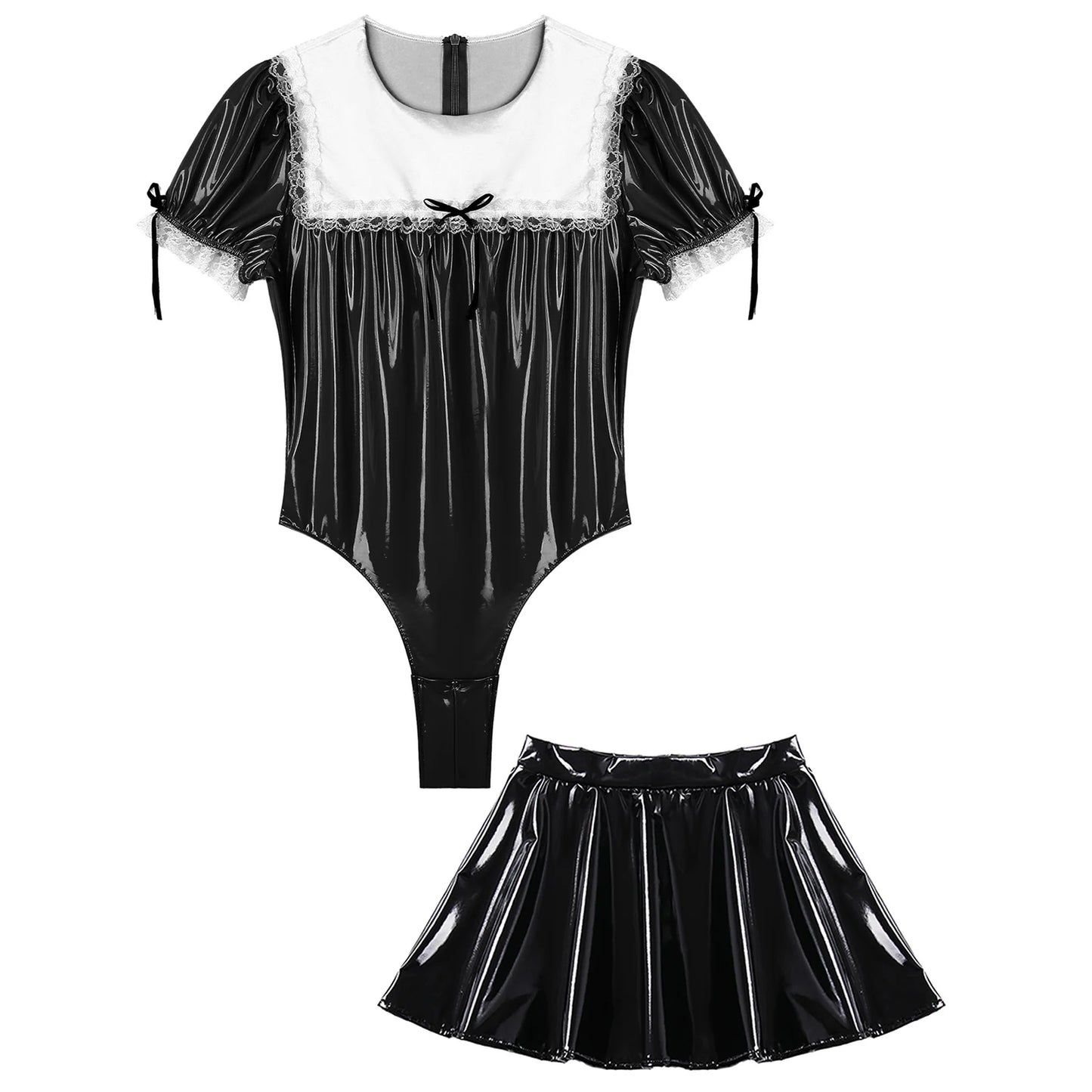 Mens Sissy Crossdresser Maid Cosplay Costume Set Patent Leather Puff Sleeve Lace Trim Zipper Bodysuit with A-Line Flared Skirt