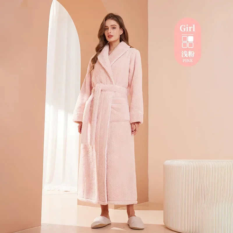 Doppelseitige Verdicken Flanell Herbst Winter Korallen Fleece Paar Lange Robe Hause Kleidung Lange Bademantel Nachtwäsche Lose Loungewear