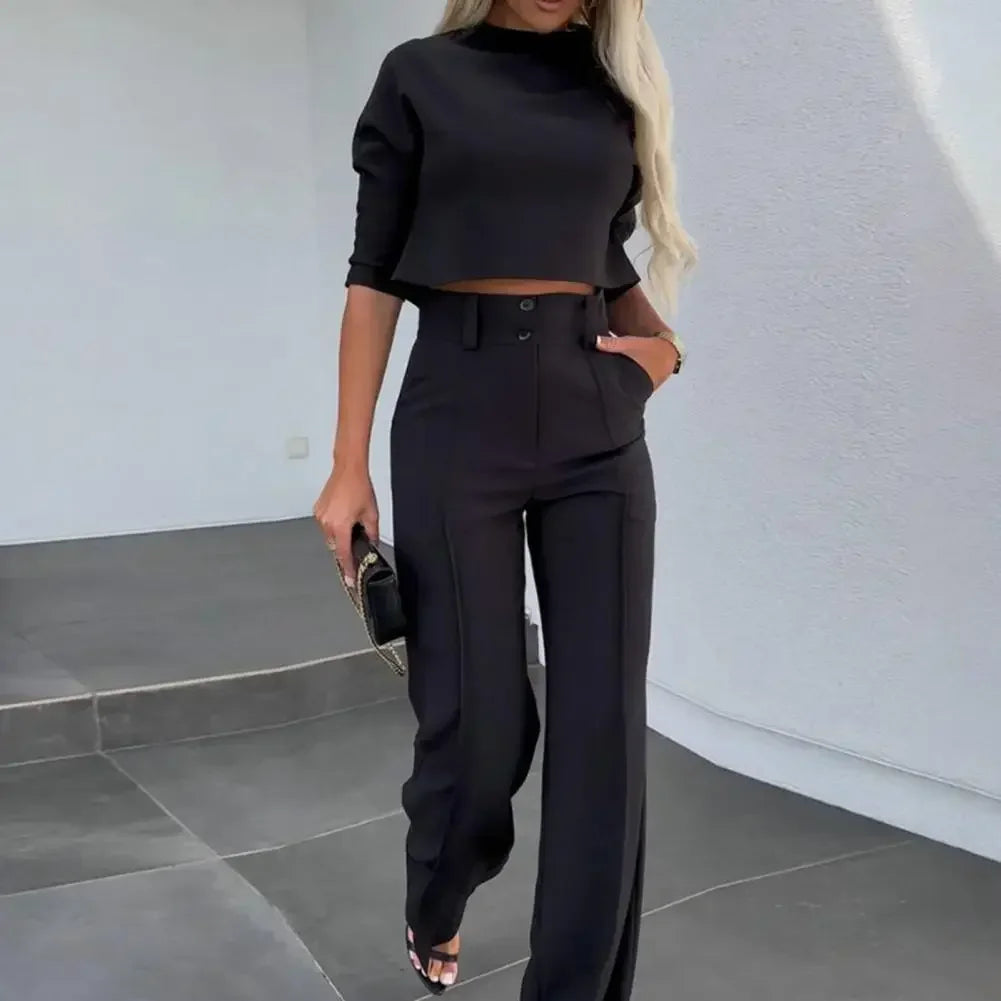 Damen Slim Fit Top Damen Hose mit weitem Bein Stilvoller 2-teiliger Damenanzug Einfarbige Hose mit weitem Bein Crop Top Set für schicke Pendler