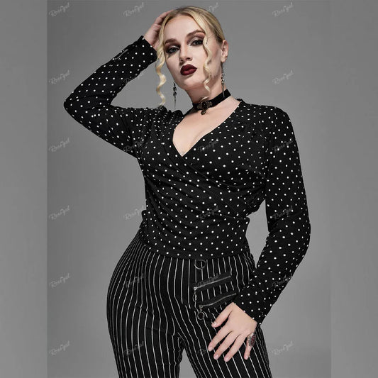 Ros gal plus Größe Gothic Polka Dot geraffte Bluse Frauen Frühling Herbst lange Ärmel V-Ausschnitt zurück Bowknot Tops neue schwarze T-Shirts