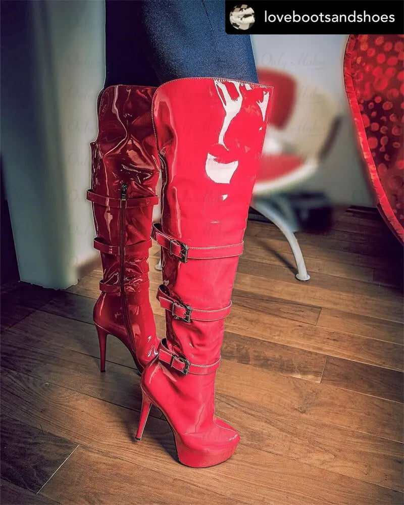 Only maker Frauen Plattform runde Zehen Stiletto Seite Reiß verschluss über dem Knie hohe Stiefel Lack leder rot Mode sexy Winters tiefel