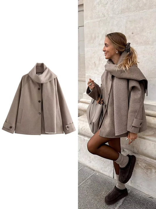 TRAF Damen Mode Braun Schal Mantel Jacke Lose Langarm einreihig Tasche Jacke Herbst Winter Casual Wool Blend Jacke