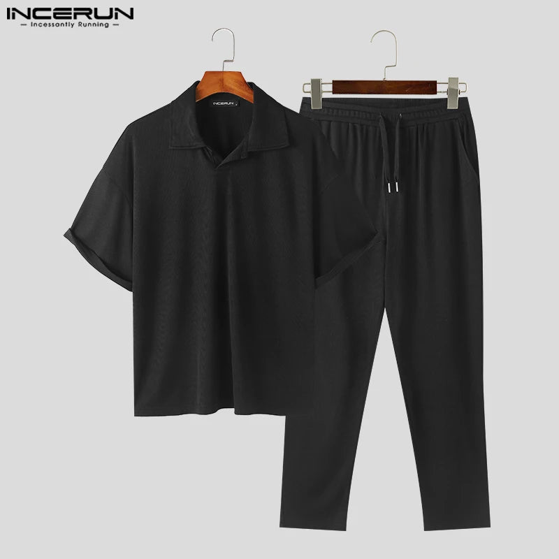 INCERUN Men Sets Solid Lapel Short Sleeve Shirt & Pants Two Pieces Sets Streetwear 2024 Loose Fashion Men's Casual Suits S-5XL
