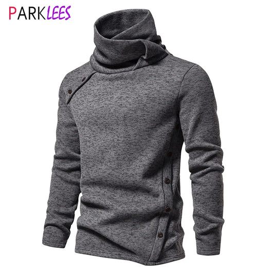 Gray Turtleneck Sweater for Men Fashion Oblique Button Long Sleeve Knit Sweaters Mens Casual British Style Bottoming Undershirt