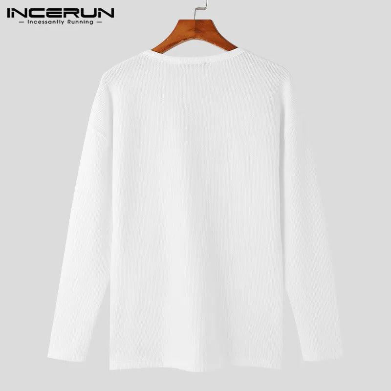 INCERUN Men T Shirt Solid Color V Neck Long Sleeve Hollow Out Sexy Tee Tops Streetwear 2024 Knitted Fashion Casual Men Clothing