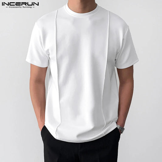 INCERUN 2024 Men T Shirt Solid Color O-neck Short Sleeve Streetwear Casual Tee Tops Korean Summer Fashion Men Clothing S-5XL