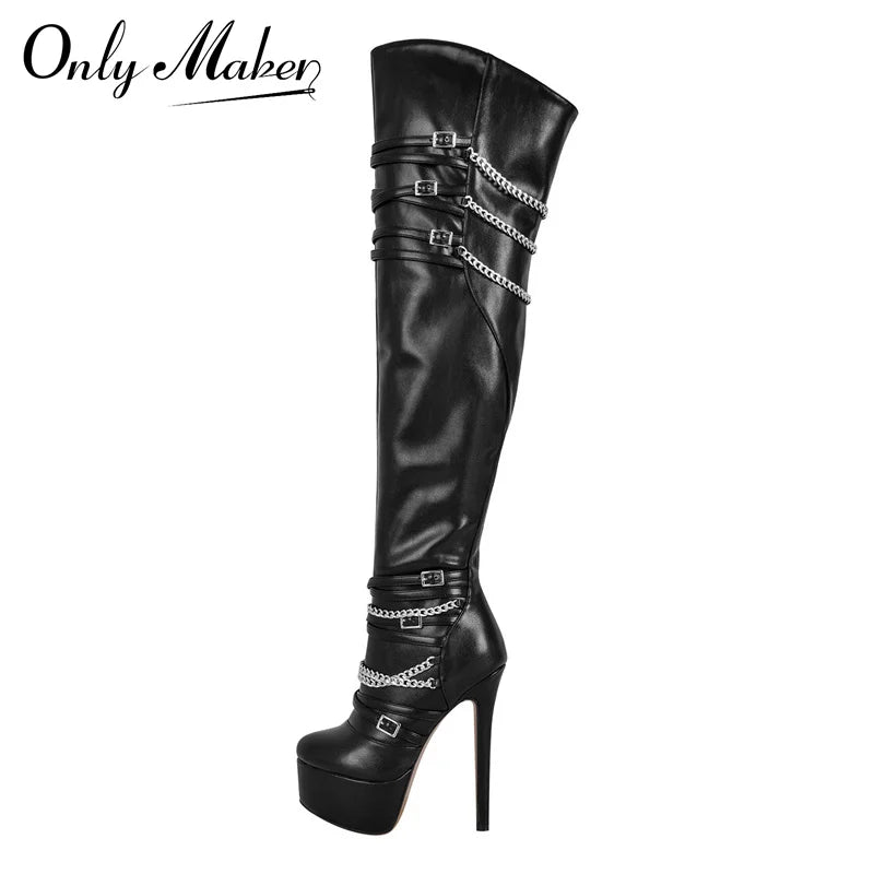 Only maker Frauen über dem Knie Stiefel dünne High Heel Dame schwarz Metall kette Dekoration Reiß verschluss weibliche Winter Plattform Stiefel