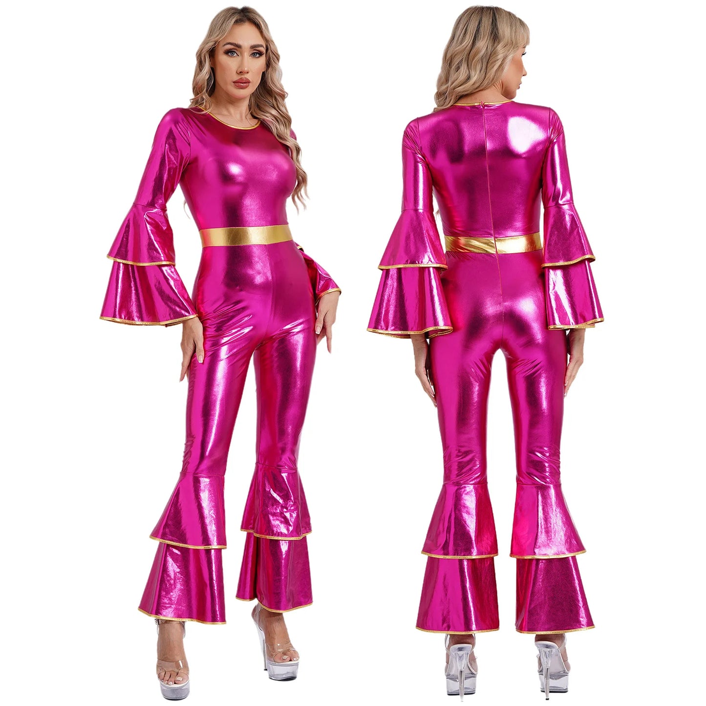 Damen Disco Kostüme sexy glänzend metallisch Retro Tanz Overall 70er 80er Jahre Hippie-Thema Party Halloween Cosplay Kostüm