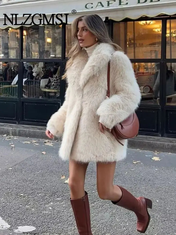 ONKOGENE 2024 Herbst Winter Casual Pelz Übergroßen Lange Jacken Frauen V-ausschnitt Langarm Taschen Mode Dicke Faux Pelz Mäntel