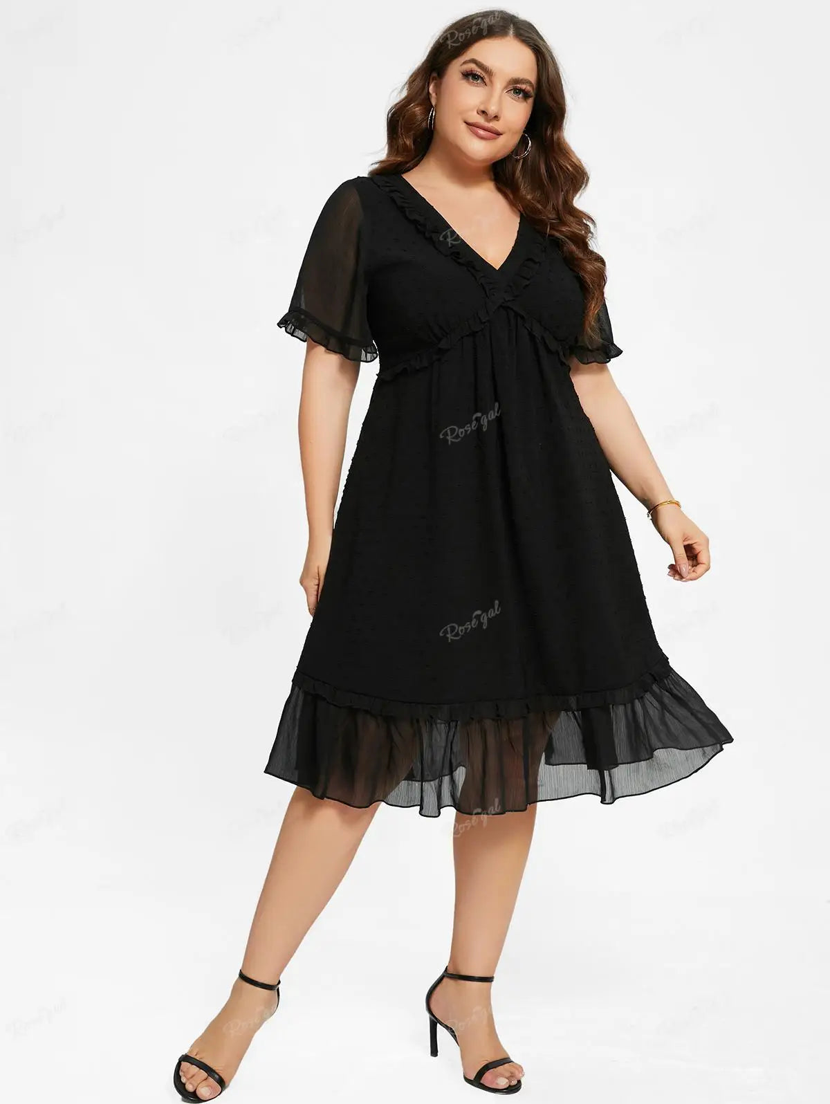 Ros gal Plus Size Freizeit kleider schwarz elegant V-Ausschnitt Spitzen besatz transparente Rüschen Kleid für Frauen Frühling, Sommer Streetwear Vestidos