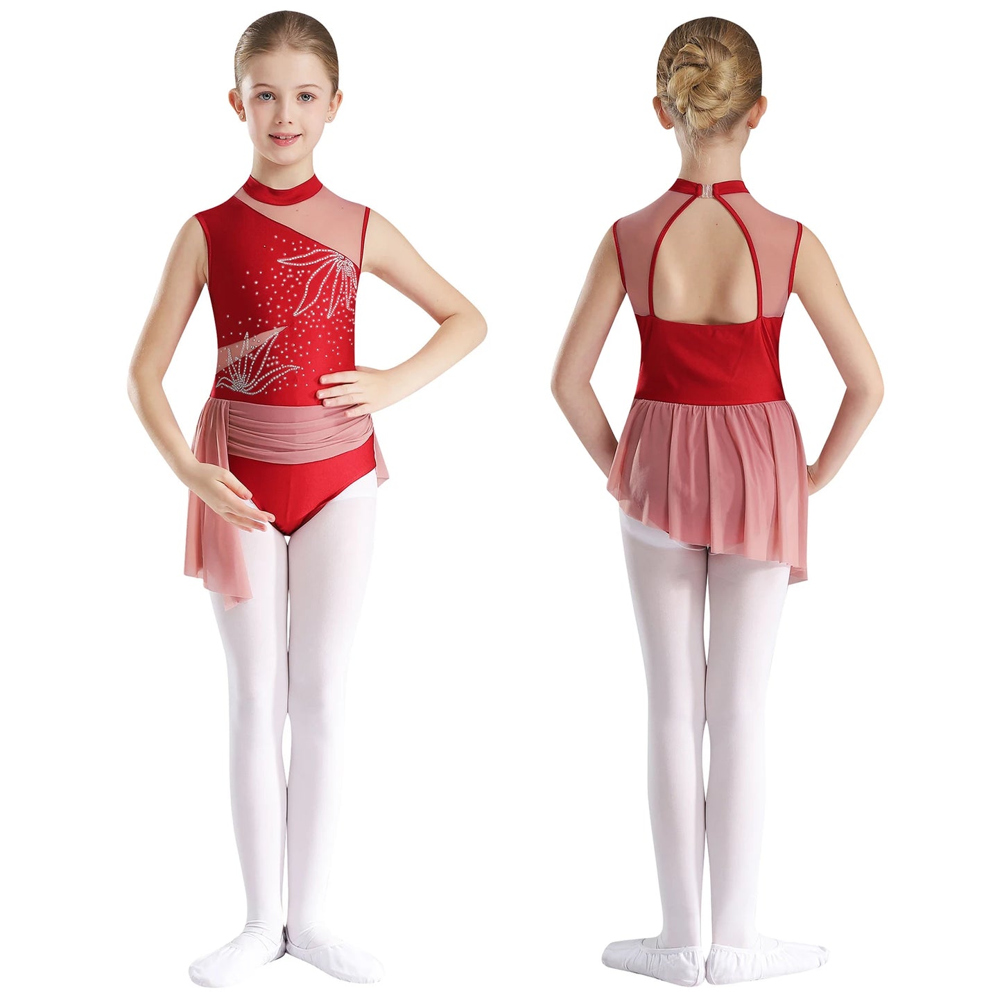 Kinder Mädchen Glitzer Strass Blumen Ballett Tanz unregelmäßiges Kleid Rocked Trikot Gymnastik Bodysuit Ballerina Dance wear