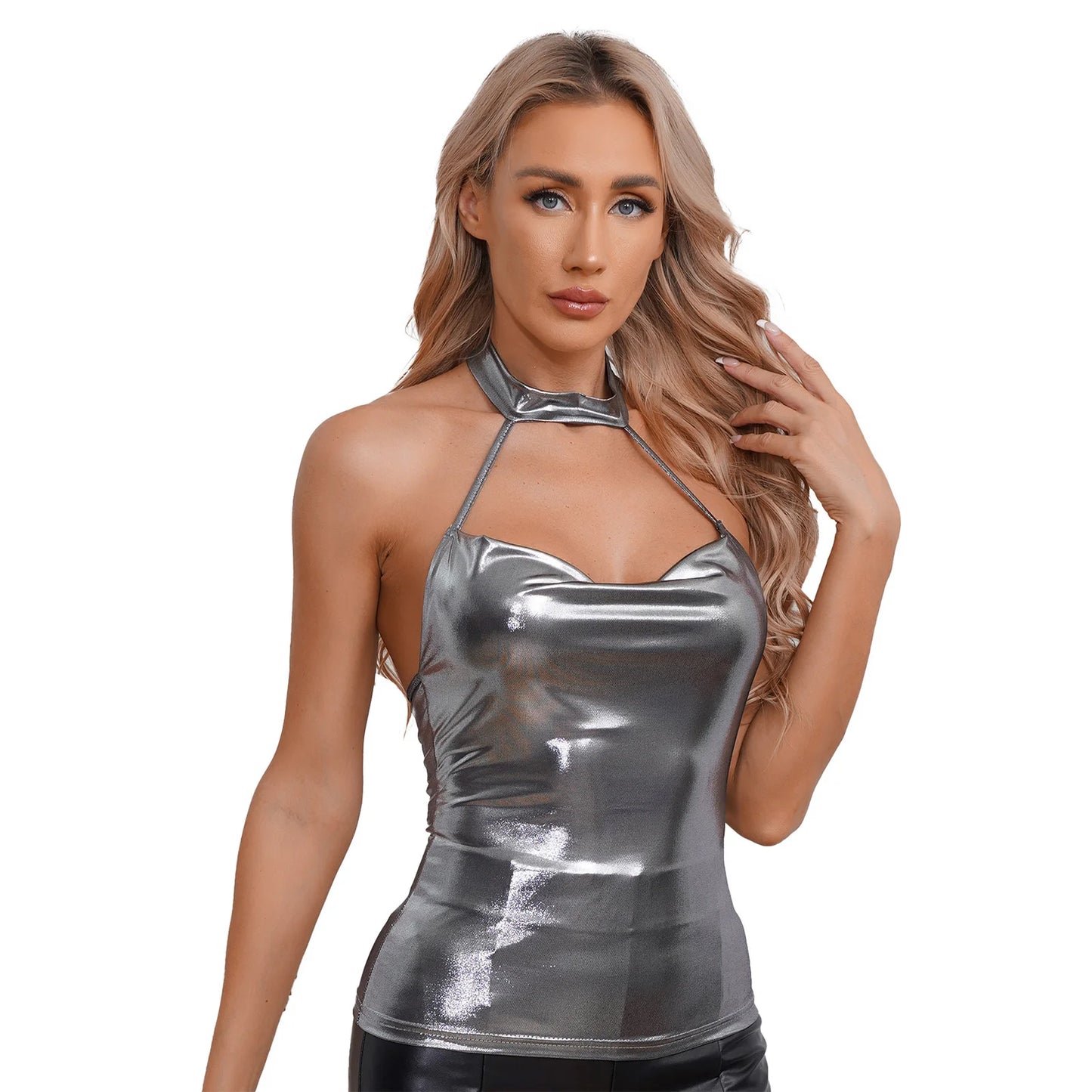 Damen exotische Tanks Clubwear Metallic glänzende Crop Top Weste solide Bodycon Neck holder ärmellose rücken freie Slim Fit T-Shirt Unterhemd Tops