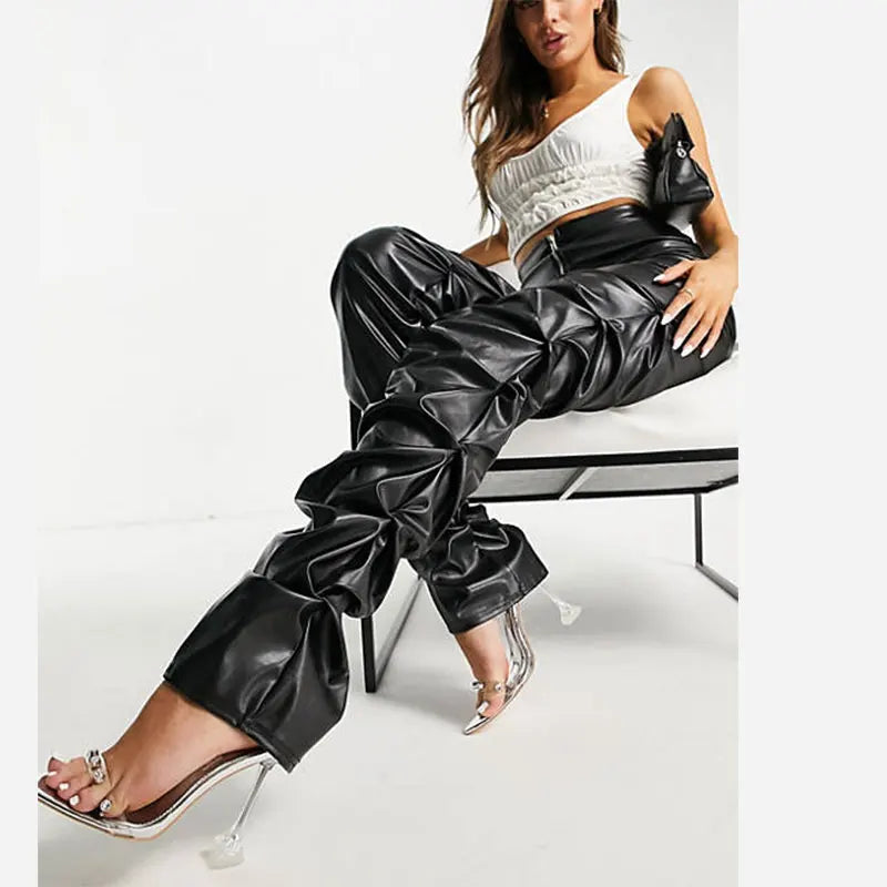 High Waist Pleated PU Leather Pants for Women, Retro Streetwear, Loose Ruched Casual Trousers, Straight Solid Color Black Pants,