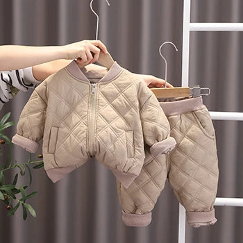 Herbst Winter Baby Jungen Kleidung setzt Kinder Baumwolle gepolsterte Reiß verschluss Mantel Hose 2 Stück Outfits 1 2 3 4 Jahre Kinder Trainings anzug Anzüge