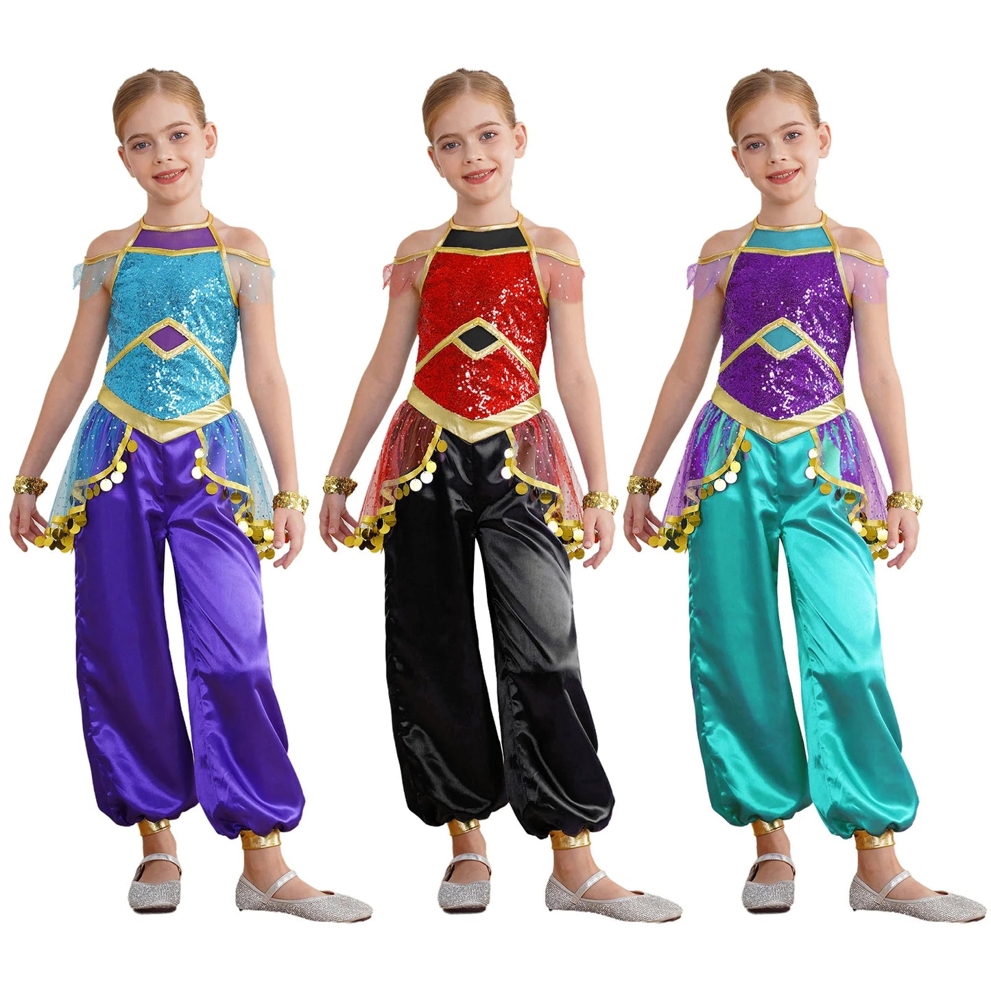 KIds Girls Arabian Princess Costume Indian Bollywood Belly Dance Jumpsuit Halloween Party Fairy Tale Pretend Play Fancy Dress