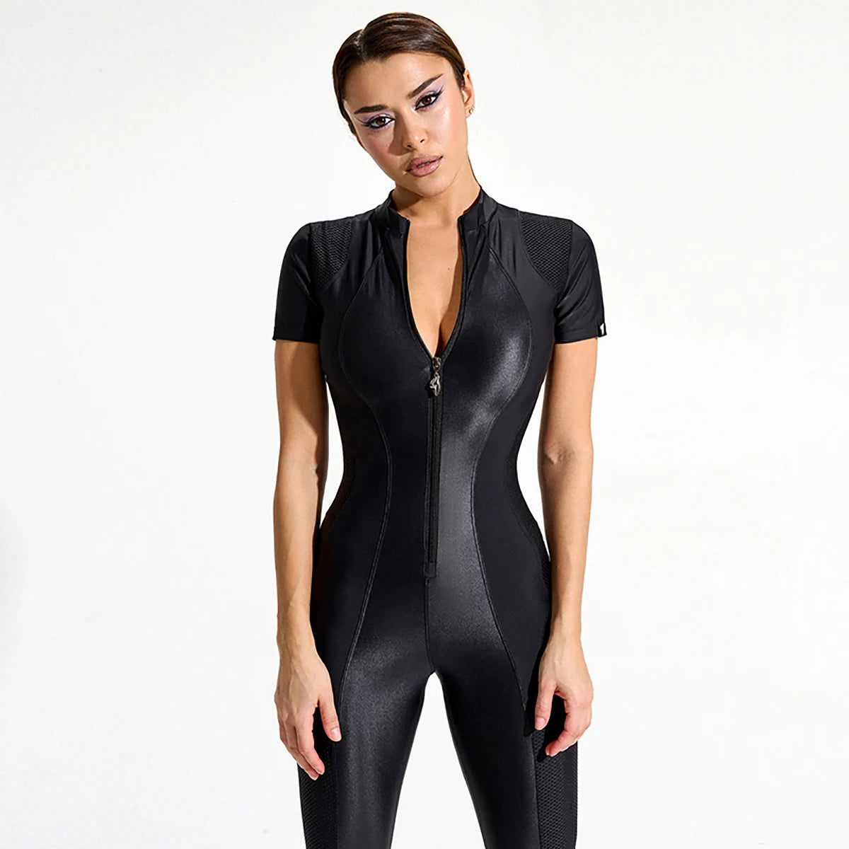 Oshoplive Fashion Female Solid Color Slim Black Sportswear Tight Hip High Waist Zipper Sports Jumpsuit For Women 2023 New