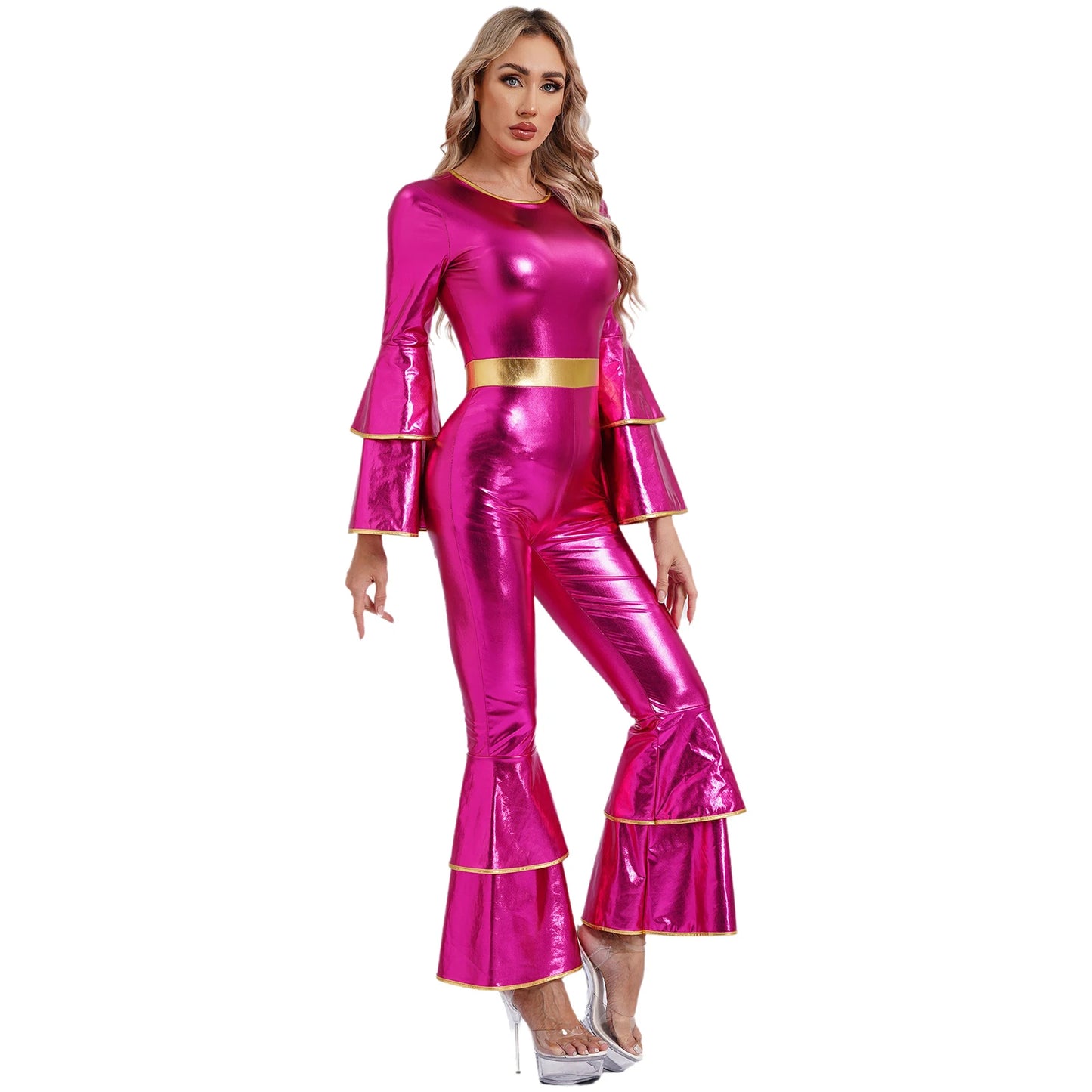 Damen Disco Kostüme sexy glänzend metallisch Retro Tanz Overall 70er 80er Jahre Hippie-Thema Party Halloween Cosplay Kostüm