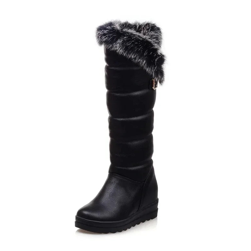 Rot Winter Frauen Warme Pelz Kniehohe Schnee Stiefel Rot Schwarz Dicken Plüsch Runde Kappe Schnalle Dame Höhe Zunehmende plattform Lange Stiefel