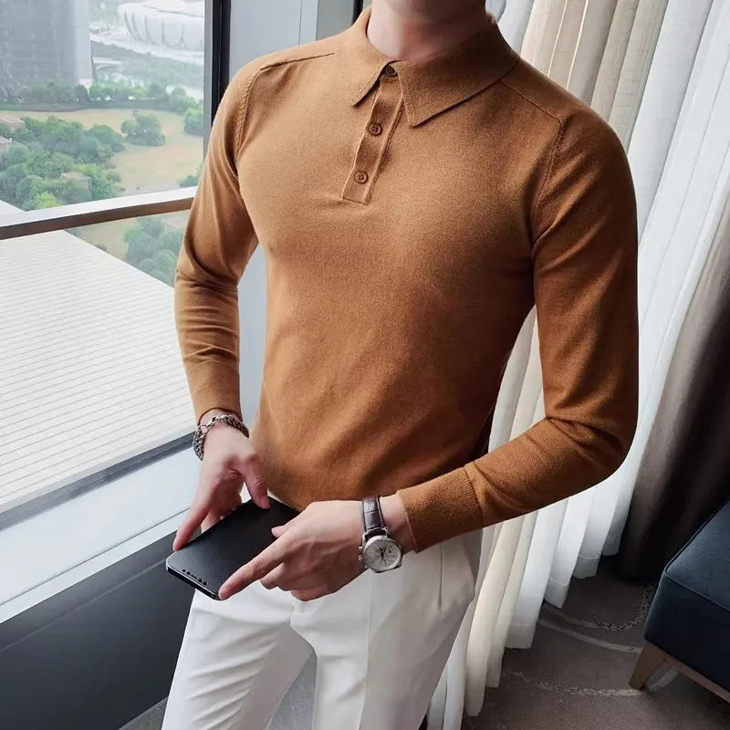 Herbst Winter männer Gestrickte Polo-Shirt Schlank Lange Ärmeln Solide Stricken Tops Tees Drehen Unten Kragen Business Casual Polo-Shirt männer